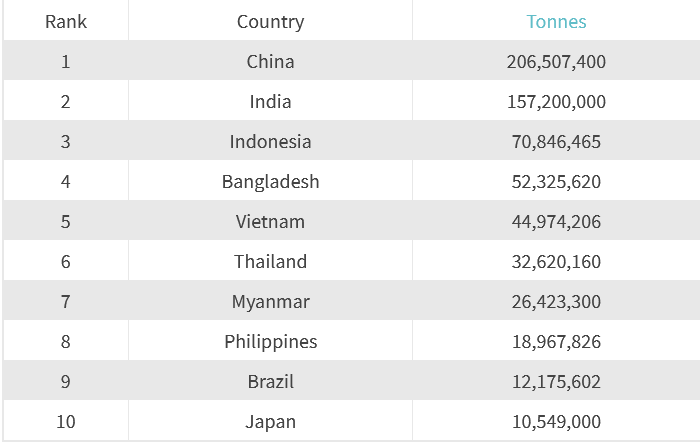 World's Top 10 Largest Countries By Rice Production chart